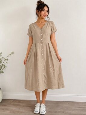 Neutral Button-Front V‑Neck Midi Dress